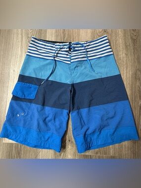 OP Ocean Pacific 4 Way Stretch OPFlex Men’s Blue Striped Swim Trunks 32”